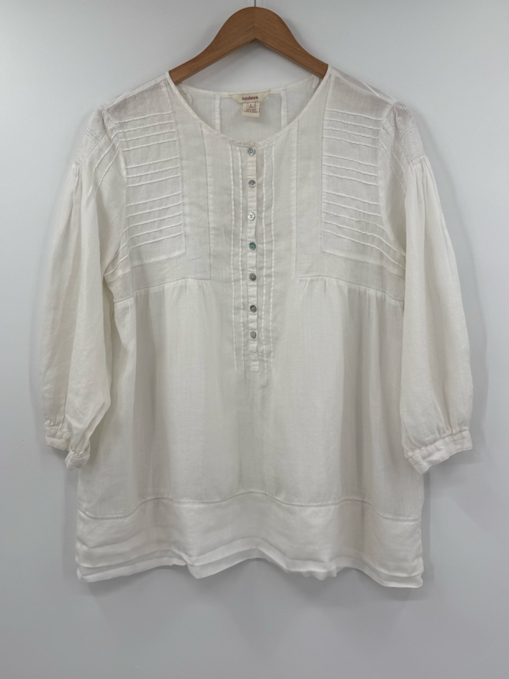 ✦ Sundance Linen Pintuck Henley Blouse | White | Large